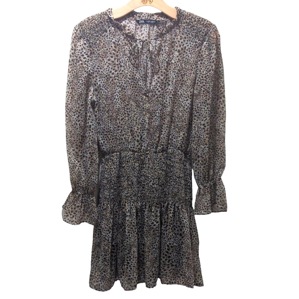 Zara Animal Print Smocked Mini Dress Bloused Brown Cheetah Women's size S